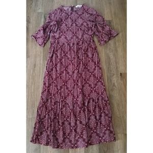 Loft Women's Midi tiered dress burgundy print 3/4 sleeve boho size 4